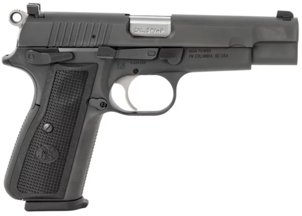 FN 66100256 High Power  9mm Luger 17+1, 4.70" Black Target Crown Steel Barrel, Black PVD Serrated Steel Slide & Steel Frame w/Beavertail, Black Textured Polymer Grip, Ambidextrous
