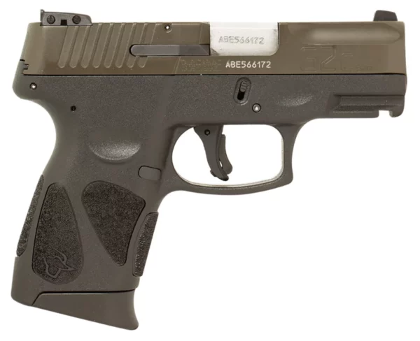 Taurus 1G2C93B12 G2C  Compact Frame 9mm Luger 12+1 3.26" Matte Stainless Steel Barrel, Moss Green Cerakote Serrated Steel Slide, Black Polymer Frame w/Picatinny Rail & Polymer Grip, Right Hand